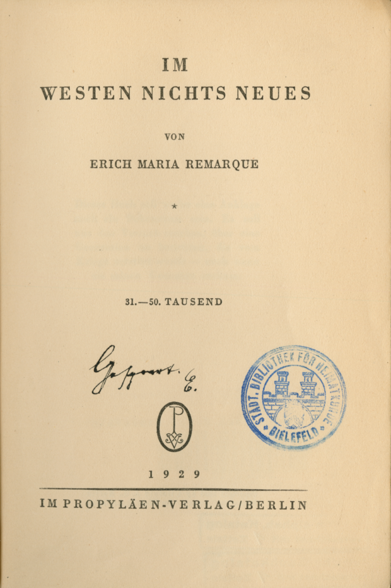 Sperrvermerk 1933 für Remarque, Erich Maria, Im Westen nichts Neues, Berlin 1929. Landesgeschichtliche Bibliothek Bielefeld, Signatur: D30 R85 1