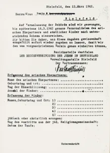 Bogen der Reichsvereinigung der Juden in Deutschland zur Erfassung von arischen Lebenspartnern und der Kinder. Stadtarchiv Bielefeld, Bestand 400,3/Fotosammlung, Nr. 95-013-047