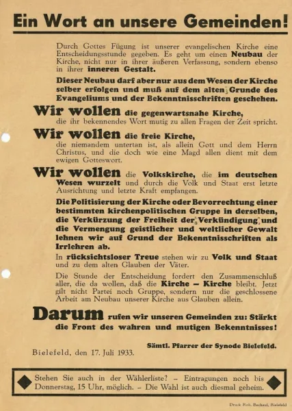 Flugblatt mit Wahlaufruf der Bewegung „Evangelium und Kirche“ vom 17. Juli 1933