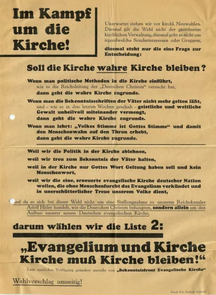 Flugblatt der Liste „Evangelium und Kirche“ anlässlich der bevorstehenden Kirchenwahlen
