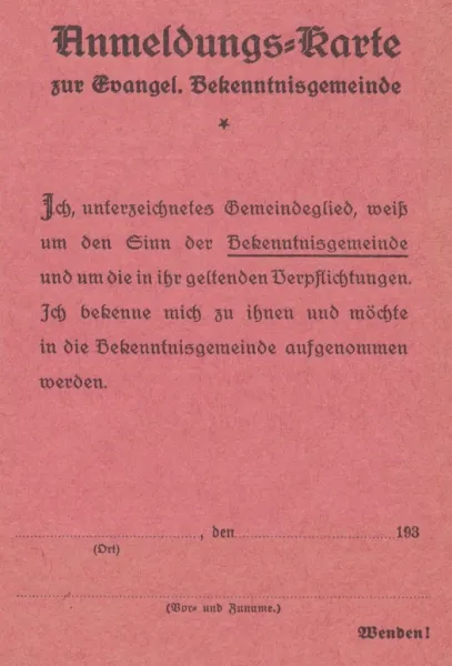 Perforierte Anmeldungskarte zur Evangelischen Bekenntnisgemeinde.