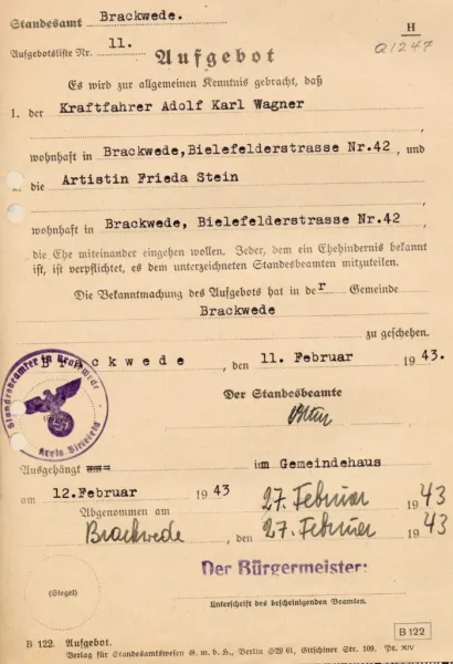 Verkündung des Aufgebots von Adolf Wagner und Frieda Stein durch das Standesamt Brackwede, 1943