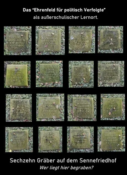 Sechzehn Gräber auf dem “Ehrenfeld für politisch Verfolgte” auf dem Sennefriedhof. Bildrechte und Fotomontage: Lutz Havemann