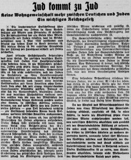 Zeitungsartikel zum Reichsgesetz über Mietverhältnisse mit Jüdinnen und Juden.