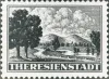 Briefmarke „Theresienstadt“, stilisierte Darstellung des „Ghettos“ als Teil der nationalsozialistischen Propagandainszenierung. Stadtarchiv Bielefeld, Bestand 400,3/Fotosammlung, Nr. 95-013-138