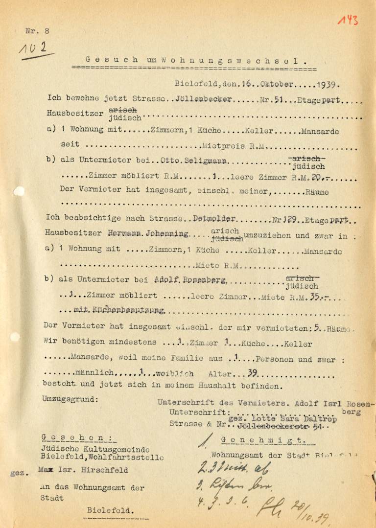 Lotte Daltrop verwendete 1939 das vom Grundstücksamt vorgesehene Formulare für Wohnungswechsel-Anträge.