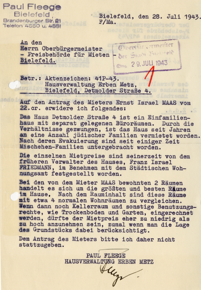 Hausverwalter Paul Fleege berichtet über die „Evakuierungen“ und anschließende Unterbringung von „Mischen-Familien“. 1943.