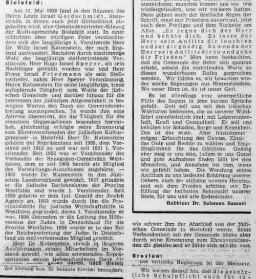 Abschied von Dr. Willy Katzenstein. Archive.Org, Jüdisches Nachrichtenblatt vom 24. Mai 1939.