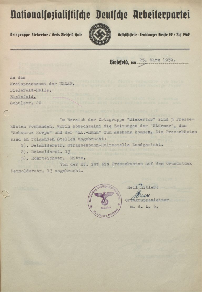 Meldung der NSDAP-Ortsgruppe Siekertor v. 25. März 1939 über die Unterhaltung von Pressekästen