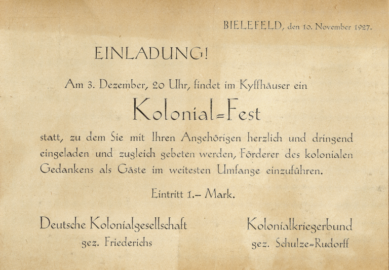 Einladung der Deutschen Kolonialgesellschaft in Bielefeld in de Kyffhäuser, 10. November 1927.
