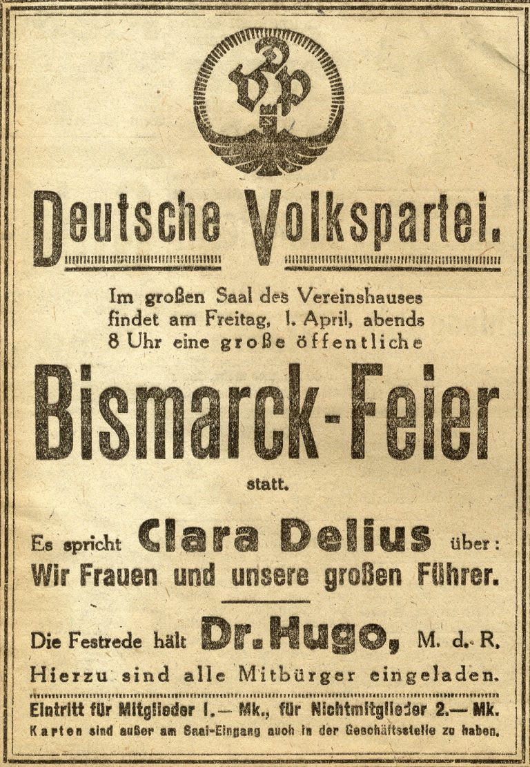 Anzeige der DVP für eine Bismarckfeier am 1. April 1921.