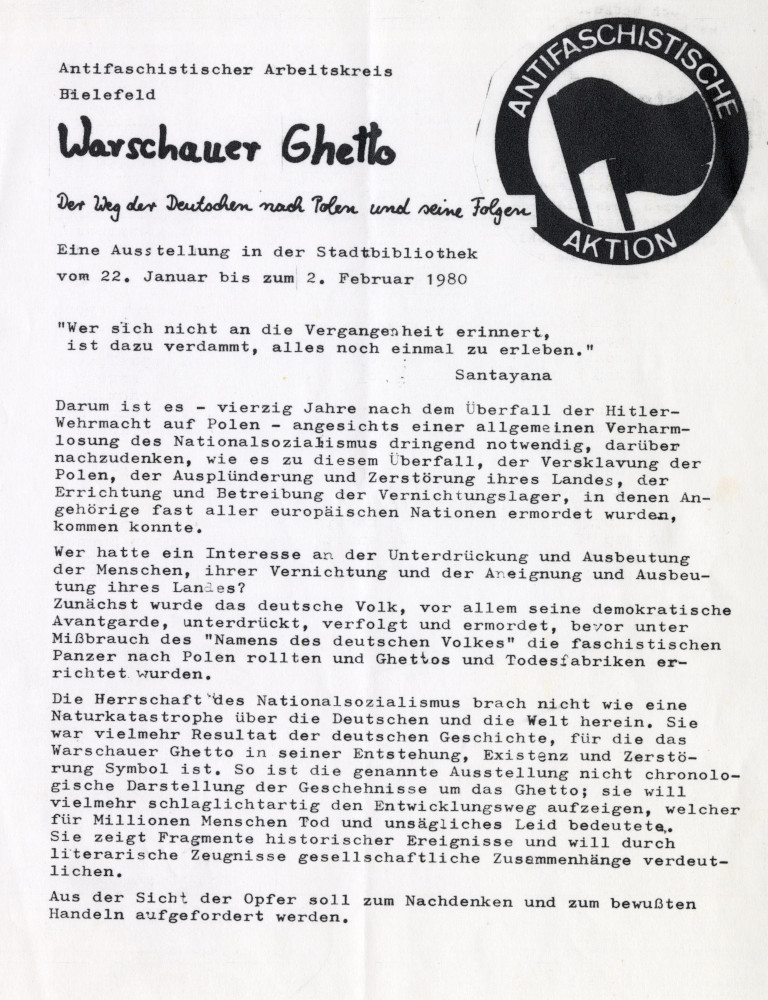 Flugblatt des Antifaschistischen Aktionskreises Bielefeld zur Ausstellung „Warschauer Ghetto. Der Weg der Deutschen nach Polen und seine Folgen“, 1980.