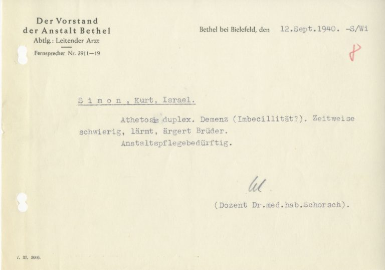 Beurteilung des Arztes für Kurt Simon vom 12.09.1940, in der Patientenakte.