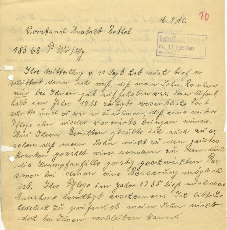 Das Schreiben des Vaters, seinen Sohn Reinhard in Bethel zu belassen vom 16.09.1940 (Vorderseite).