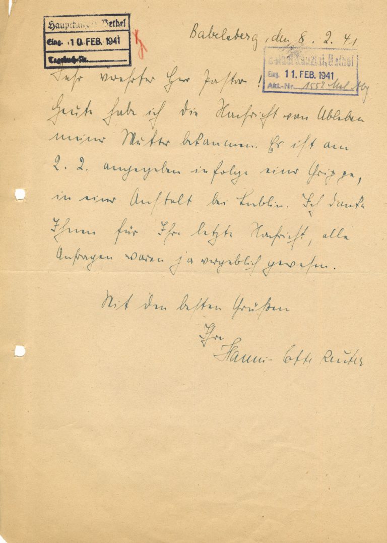 Brief der Tochter vom 08.02.1941 an die Bethelkanzlei.