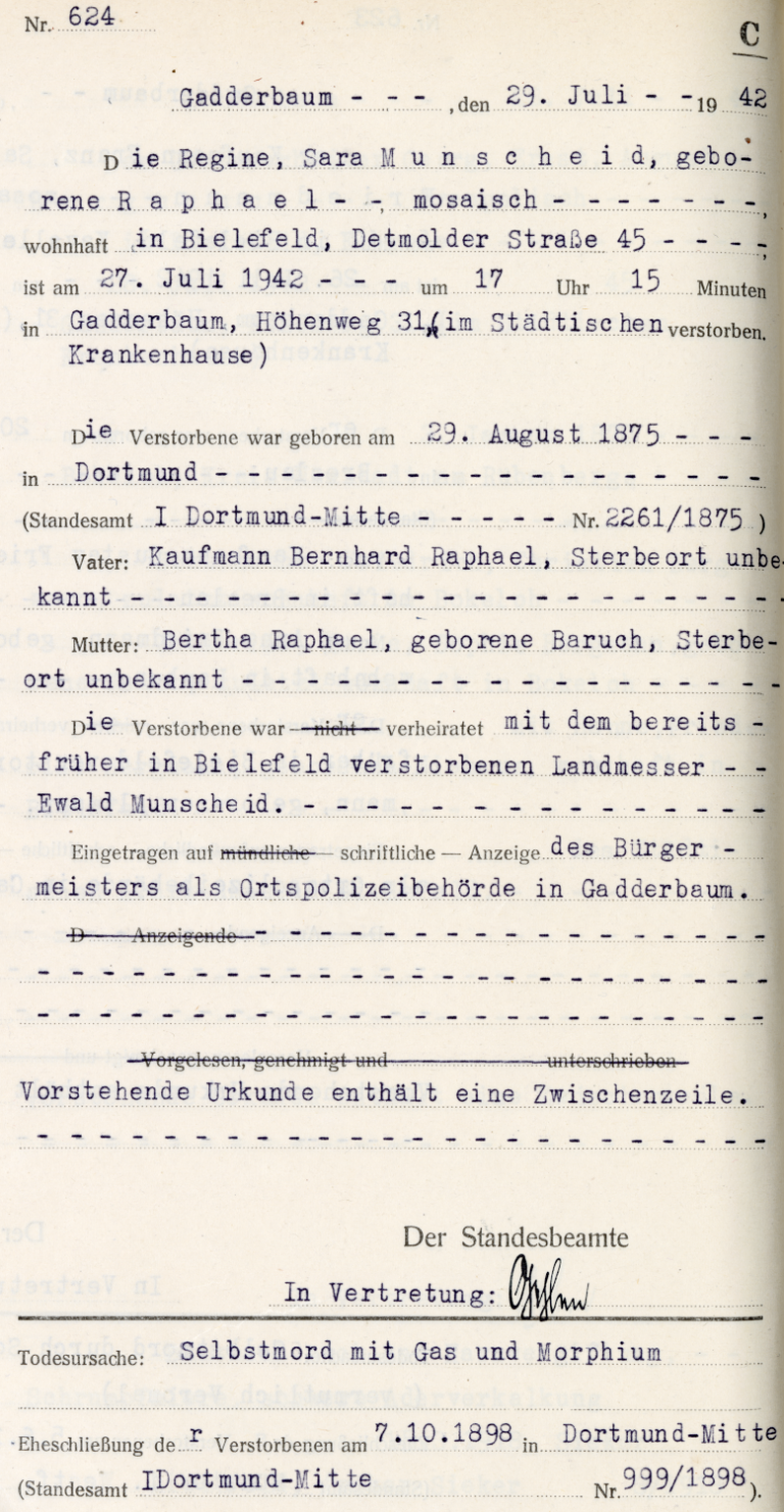 Auszug aus dem Sterberegister zum Selbstmord von Regine Munscheid, geb. Raphael, vor der Deportation nach Theresienstadt.