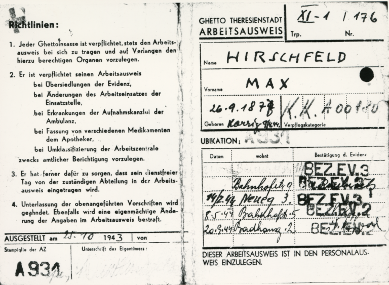 Arbeitsausweis von Max Hirschfeld aus Theresienstadt.