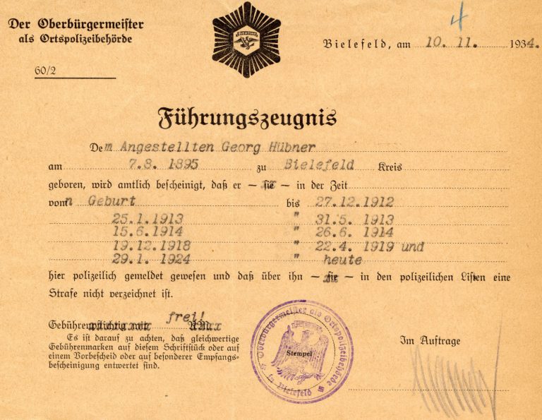 Polizeiliches Führungszeugnis zur Einstellung in der Stadtverwaltung, 1934.