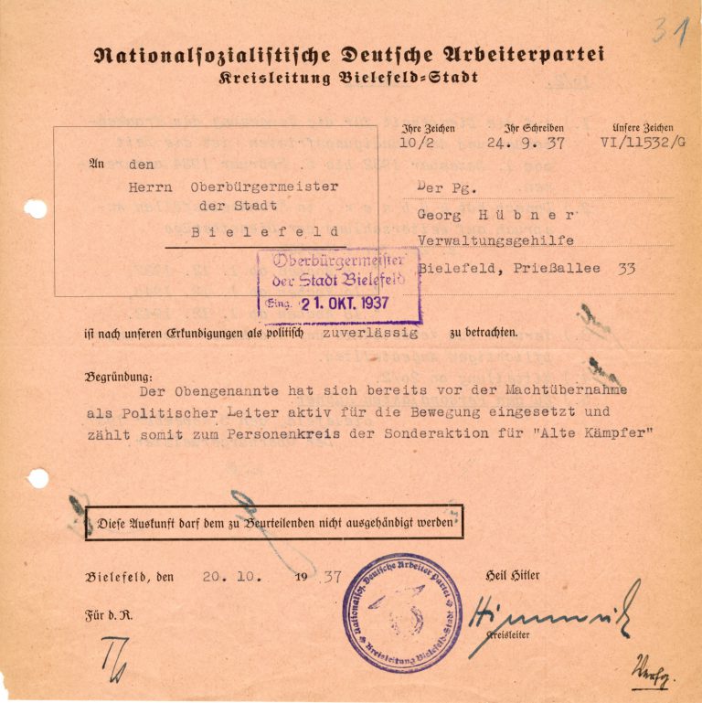 Auskunft der NSDAP über die Zuverlässigkeit von Georg Hübner, 1937.