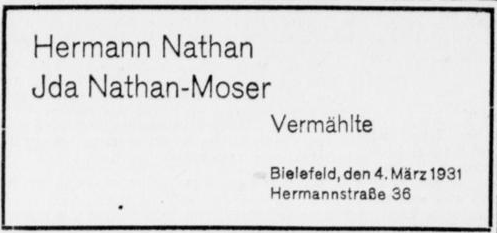 Hochzeitsanzeige von Hermann Nathan und Ida Moser-Nathan.