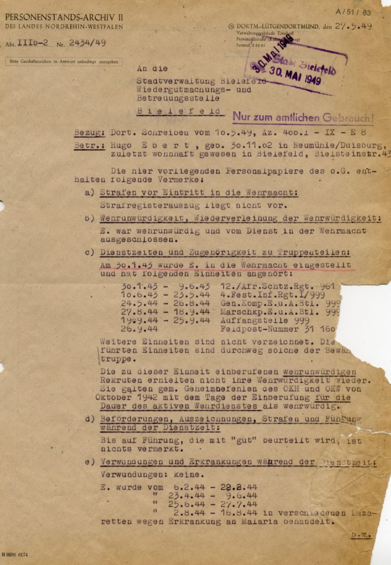 Auszug aus dem Personenstandsarchiv zu Hugo Ebert im Rahmen des Wiedergutmachungsverfahren, 30. Mai 1949.