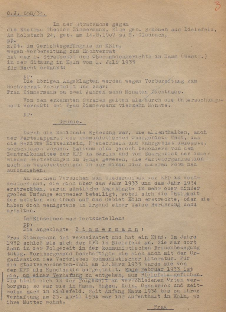 Urteil des Oberlandesgerichts Hamm gegen Else Zimmermann, 1. Juli 1935.