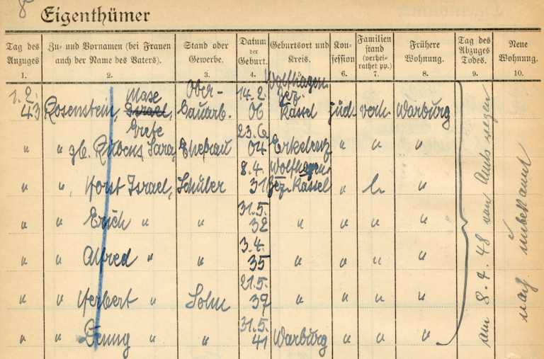 Eintrag des Hausbuchs Steinstraße 7 für die gesamte Familie Rosenstein, die erst nach dem Krieg als ‚unbekannt‘ verzogen geführt werden – sie wurden am 2. März 1943 nach Auschwitz deportiert.