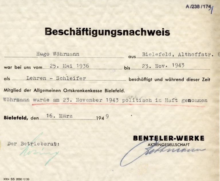 Nachweis für Inhaftnahme von Hugo Wörmann, 1949.