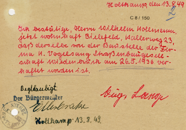 Bestätigung der Verhaftung von Wilhelm Hollmann, 1949.