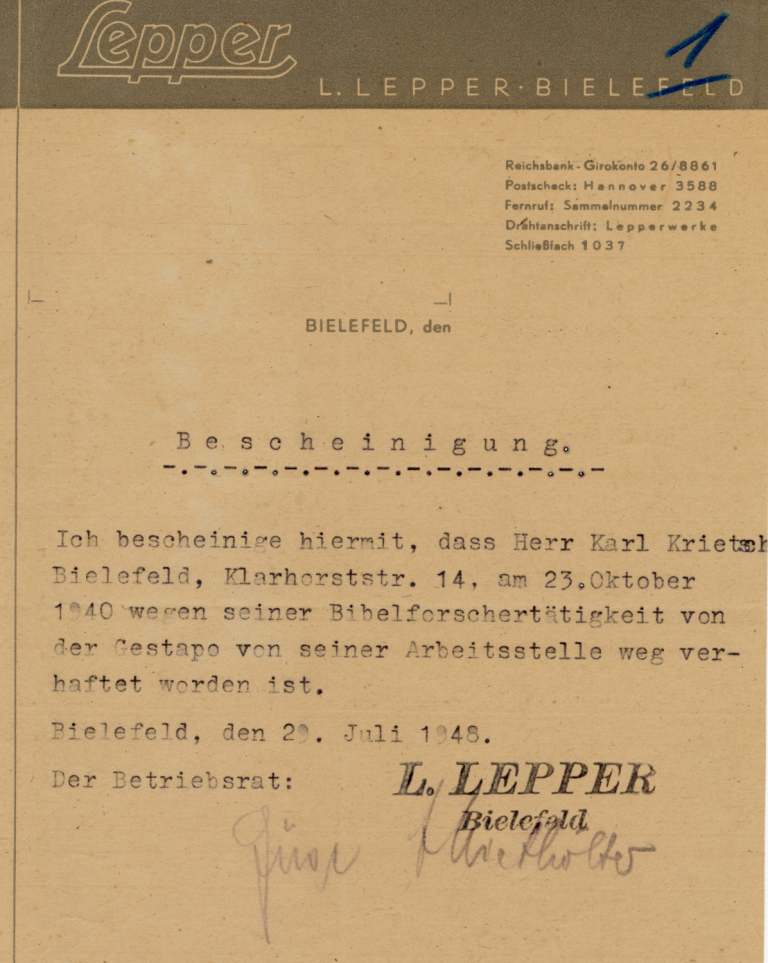Bestätigung der Verhaftung von Karl Krietsch vom Betriebsrat, 1948.