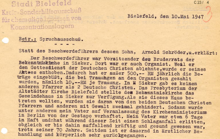 Erklärung zur Haft von Florenz Schröder, 1947.