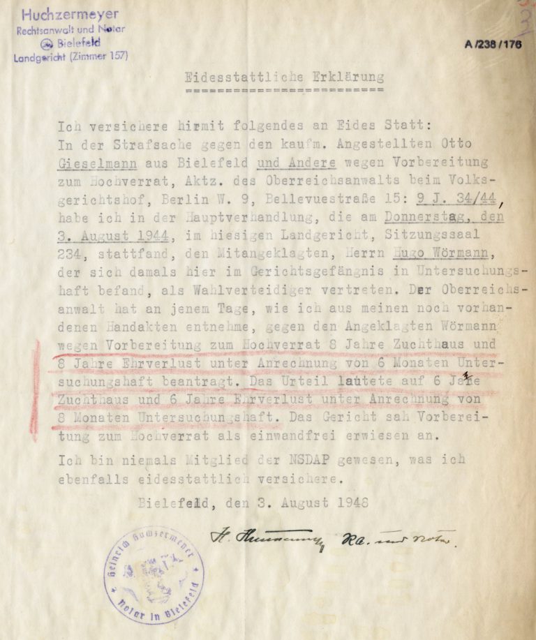 Eidesstattliche Erklärung über das Urteil gegenüber Hugo Wörmann, 1948.
