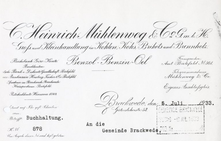Briefkopf der Firma Heinrich Mühlenweg & Co., bei der Adolf Wagner und andere männliche Sinti während ihres Aufenthalts in Brackwede beschäftigt waren.