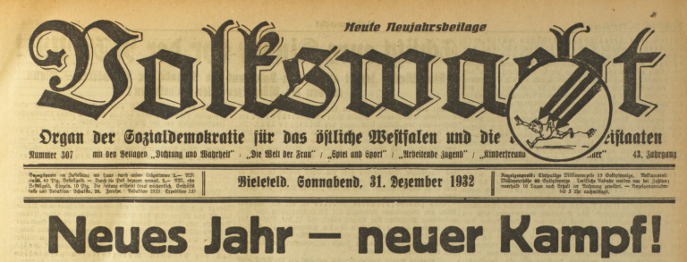 Titelbild der Volkswacht vom 31. Dezember 1932, bei der Hermann Krome angestellt war.