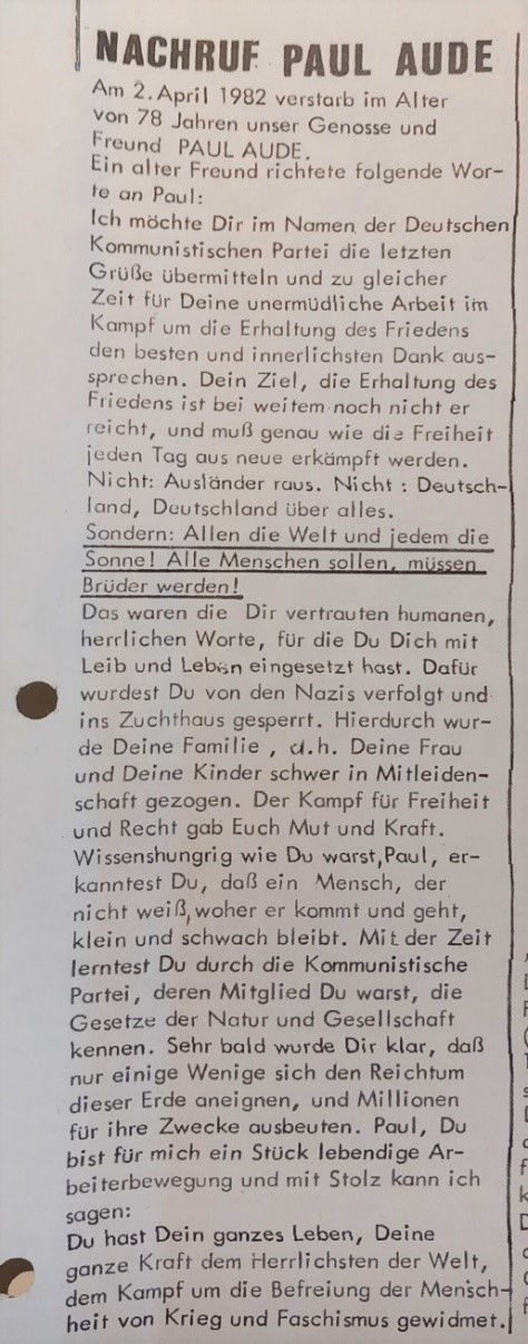 Nachruf auf Paul Aude, in: Der „Pottkieker“ April 1982, S. 4.