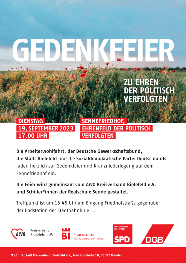 Plakat des AWO Kreisverbandes Bielefeld für die „Gedenkfeier zur Ehren der politisch Verfolgten“ im Jahre 2023.