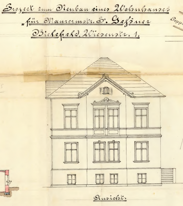 Architektenskizze zum Neubau des Hauses Wiesenstraße 13 vom 3. Mai 1890