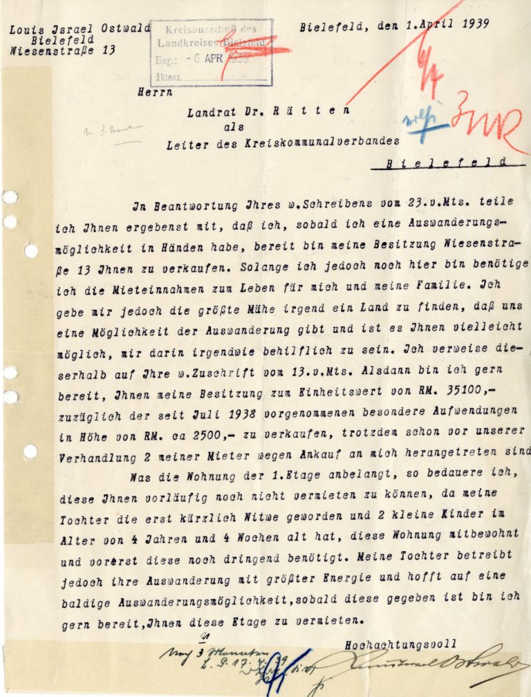 Brief von Louis Ostwald an Landrat Dr. Heinz Rütten vom 1. April 1939.