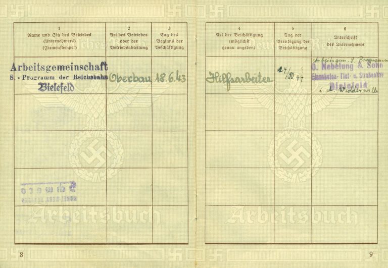 Auszug aus dem Arbeitsbuch von Walter Heinemann zu Hilfsarbeiten bei Nebelung & Sohn.