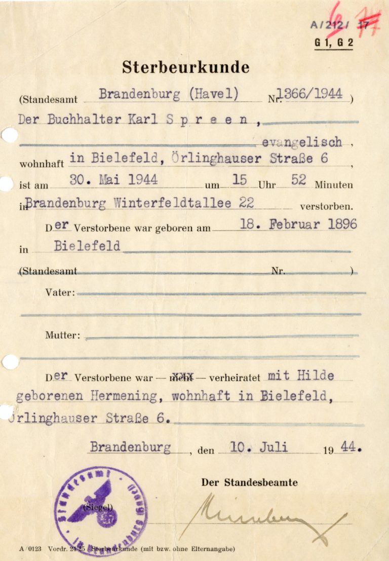 Sterbeurkunde Karl Spreen, 1944.