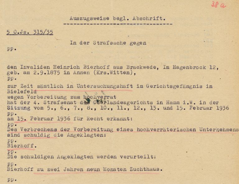 Abschrift der Strafsache gegen Heinrich Bierhoff, nach 1945.