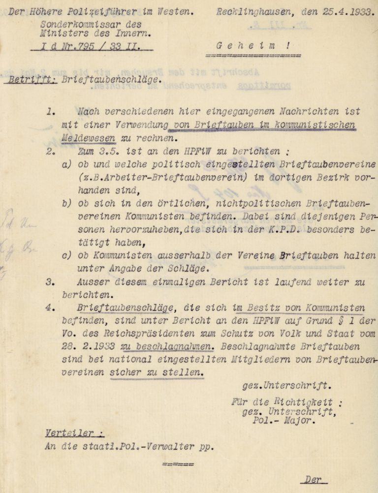 Anweisung zur Beschlagnahmung von Brieftauben „im kommunistischen Meldewesen“, 25. April 1933