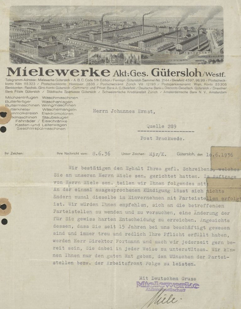 Kündigungsschreiben der Mielewerke, 10. Juni 1936.