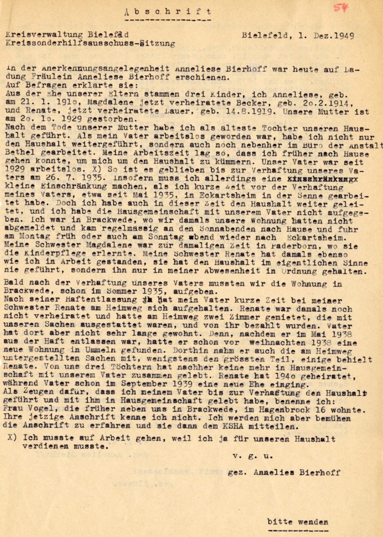 Erklärung der Schwestern Renate und Anneliese zur häuslichen Situation während der Haft des Vaters, 1949.