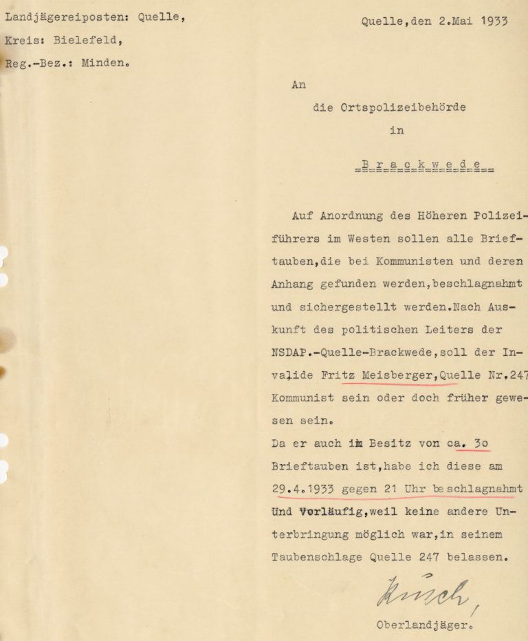 Beschlagnahmte Brieftauben bei Fritz Meisenberger in Brackwede, 2. Mai 1933.