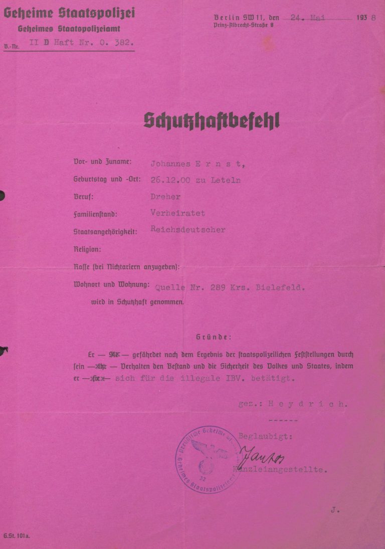 Schutzhaftbefehl gegen Johannes Ernst vom 24. Mai 1938.