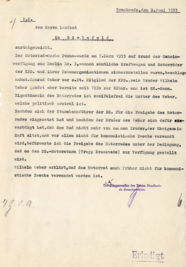 Beschlagnahmung des Motorads von Konrad Webers, 9. Juni 1933.