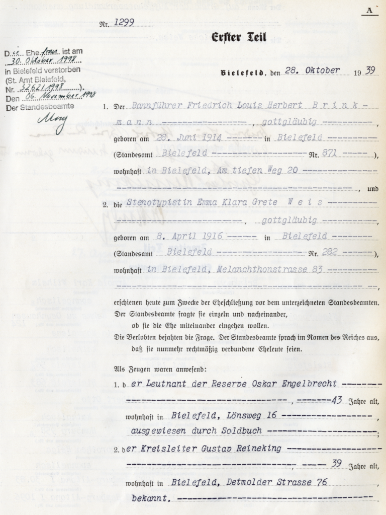 Heiratsurkunde von Herbert und Grete Brinkmann, 28. Oktober 1939,