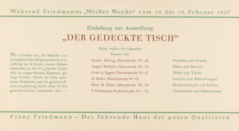 Werbung (Rückseite) zur Produktausstellung bei „Franz Friedmann“, 1927.