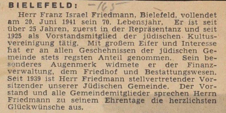 Zeitungsannonce zum 70. Geburtstag von Franz Friedmann, 1941.